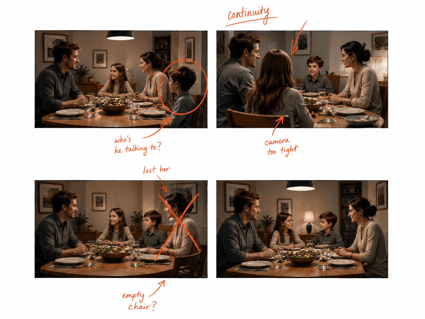 AI storyboard continuity error — a family at a dinner table whose positions swap between camera cuts